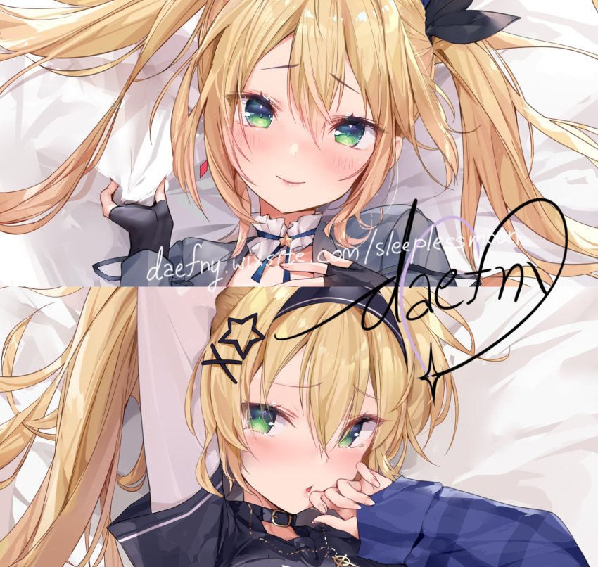 1girl artist_name bed_sheet black_gloves blonde_hair blue_ribbon blush choker closed_mouth collar commentary commission daefny detached_collar dokibird_(vtuber) english_commentary fingerless_gloves frilled_collar frills gloves green_eyes hair_between_eyes highres indie_virtual_youtuber long_hair looking_at_viewer multiple_views parted_lips ribbon ribbon_choker side_ponytail smile star_(symbol) star_choker twintails virtual_youtuber watermark