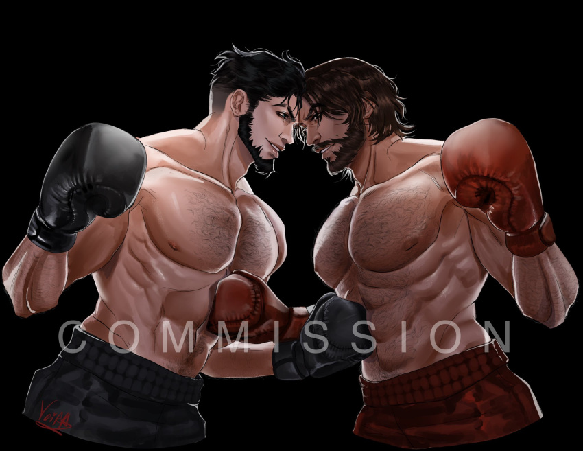 2boys bara beard black_hair boxing boxing_gloves cassidy_(overwatch) commission cropped_legs danny_(felixnosi) facial_hair full_beard hairy highres large_pectorals male_focus mature_male multiple_boys muscular muscular_male navel_hair original pectorals profile short_hair smile sparse_chest_hair thick_eyebrows tiredvoira topless_male wrestler wrestling