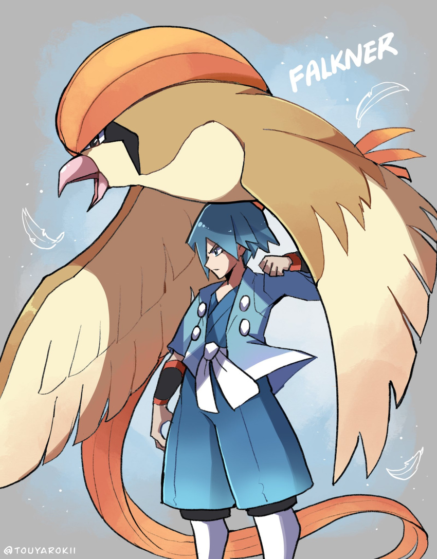 1boy artist_name beak bird blue_background blue_eyes blue_hair brown_eyes character_name closed_mouth commentary english_commentary falkner_(pokemon) feathered_wings feet_out_of_frame highres open_mouth pidgeot pokemon pokemon_(creature) pokemon_hgss short_hair touyarokii twitter_username wings