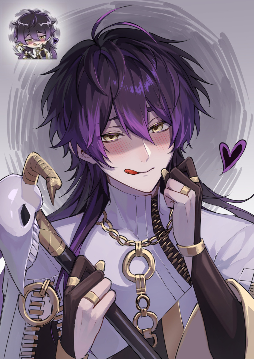 1boy absurdres black_bridal_gauntlets black_hair blush bridal_gauntlets cane grey_background heart highres holding holding_cane long_hair male_focus multicolored_hair nanin nu_carnival purple_hair rin_(nu_carnival) shirt solo tongue tongue_out white_shirt yellow_eyes