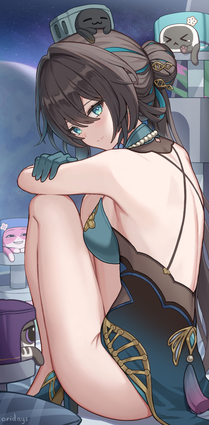 &gt;_&lt; 1girl :&lt; absurdres animal_hands animal_on_head anya's_heh_face_(meme) aqua_dress aqua_eyes aqua_footwear aqua_gloves aqua_hair armpits artist_name bead_necklace beads black_cat black_hair blush breasts cat cat_on_head closed_eyes commentary_request criss-cross_back-straps critter_pick_(honkai:_star_rail) crossed_arms detached_collar dna dress from_side full_body gloves hair_between_eyes hair_bun hair_intakes hair_ornament hairpin high_heels highres honkai:_star_rail honkai_(series) hugging_own_legs jewelry large_breasts looking_at_viewer meme multicolored_hair necklace no_panties on_head oridays pearl_necklace pillow pink_cat planet ruan_mei_(honkai:_star_rail) sidelocks single_hair_bun sitting smile space star_(sky) streaked_hair tassel
