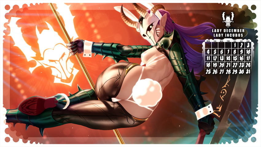 1girl animal_ears armor ass boots border breasts brown_thighhighs calendar_(medium) copyright_request demon_horns facial_mark fake_animal_ears fake_tail from_behind glowing glowing_eyes heart_pasties high_heels highres holding holding_weapon horns long_hair mask medium_breasts panties pasties purple_hair rabbit_ears rabbit_tail solo spiked tail themaestronoob thighhighs underwear weapon whisker_markings white_border white_panties white_pasties