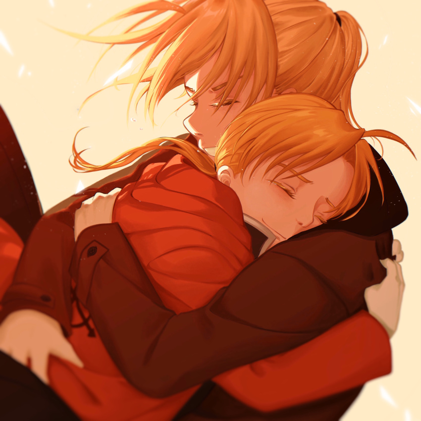 2boys ^_^ absurdres alphonse_elric blonde_hair brothers chihiro_(shadow199912) closed_eyes closed_mouth conqueror_of_shambala edward_elric flamel_symbol floating_hair fullmetal_alchemist grin happy highres hood hooded_jacket hug jacket long_hair long_sleeves male_focus multiple_boys ponytail profile red_jacket siblings simple_background smile upper_body