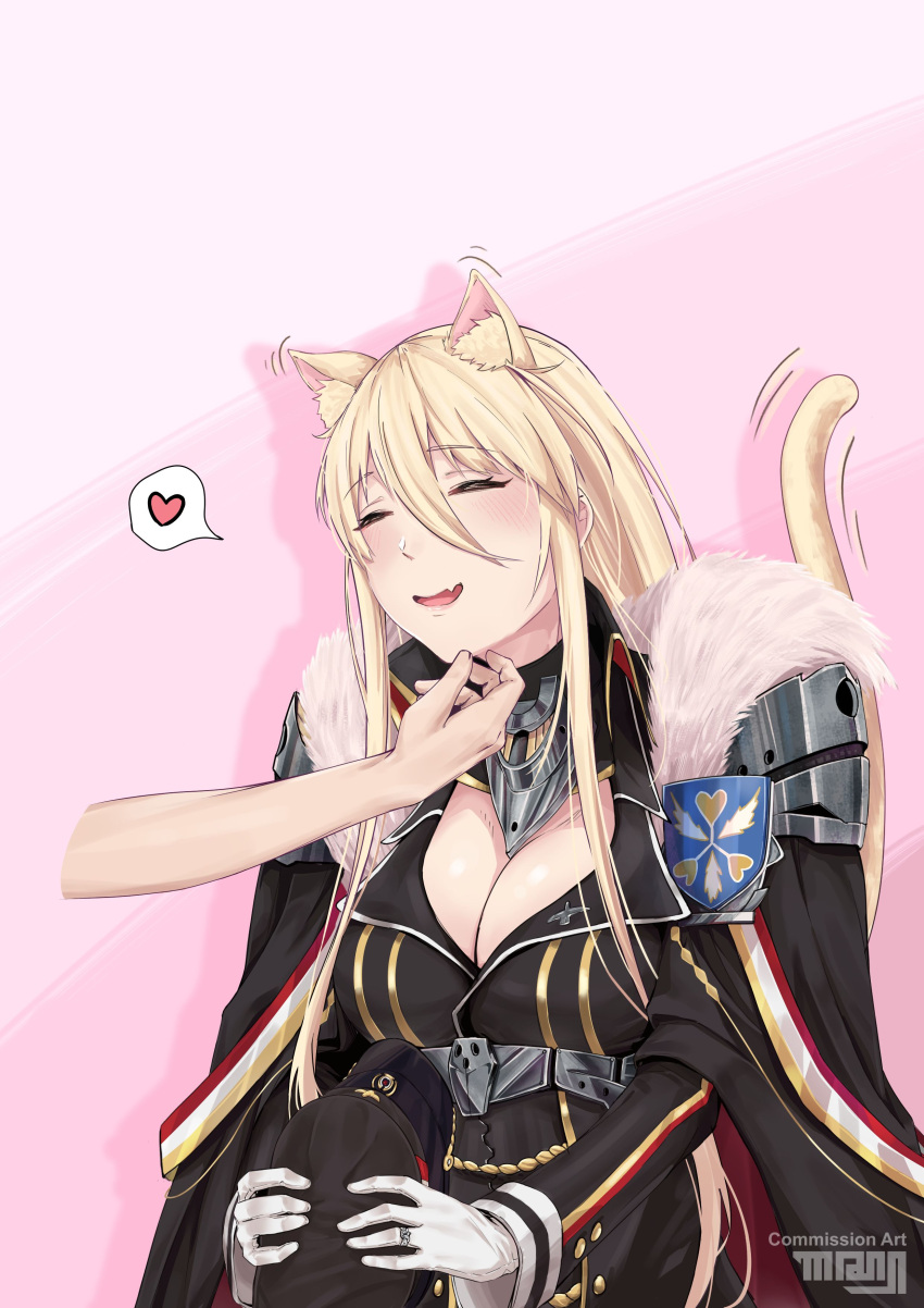1girl absurdres azur_lane bismarck_(azur_lane) bismarck_(coat_of_arms) black_headwear blonde_hair blue_eyes blush breasts cleavage cleavage_cutout cloak clothing_cutout commission english_commentary fang fur-trimmed_cloak fur_trim gasart gloves hair_between_eyes hand_on_another's_chin hat heart highres holding holding_clothes holding_hat jewelry large_breasts long_hair motion_lines peaked_cap ring skin_fang solo spoken_heart upper_body watermark wedding_ring white_gloves