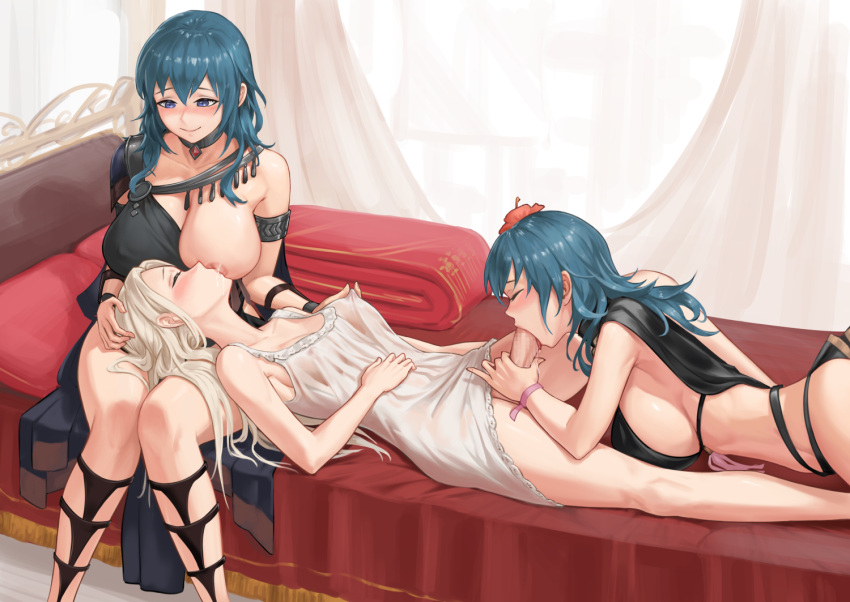 3girls areolae blue_hair blush breast_sucking breasts byleth_(fire_emblem) byleth_(fire_emblem)_(female) censored closed_mouth collarbone commentary commission covered_nipples dress edelgard_von_hresvelg erection fellatio fff_threesome fire_emblem fire_emblem:_three_houses futa_with_female futanari group_sex large_breasts long_hair lying mosaic_censoring multiple_girls nipple_tweak on_back on_bed on_stomach oral penis purple_eyes sitting smile threesome tongue tongue_out white_dress zero_a
