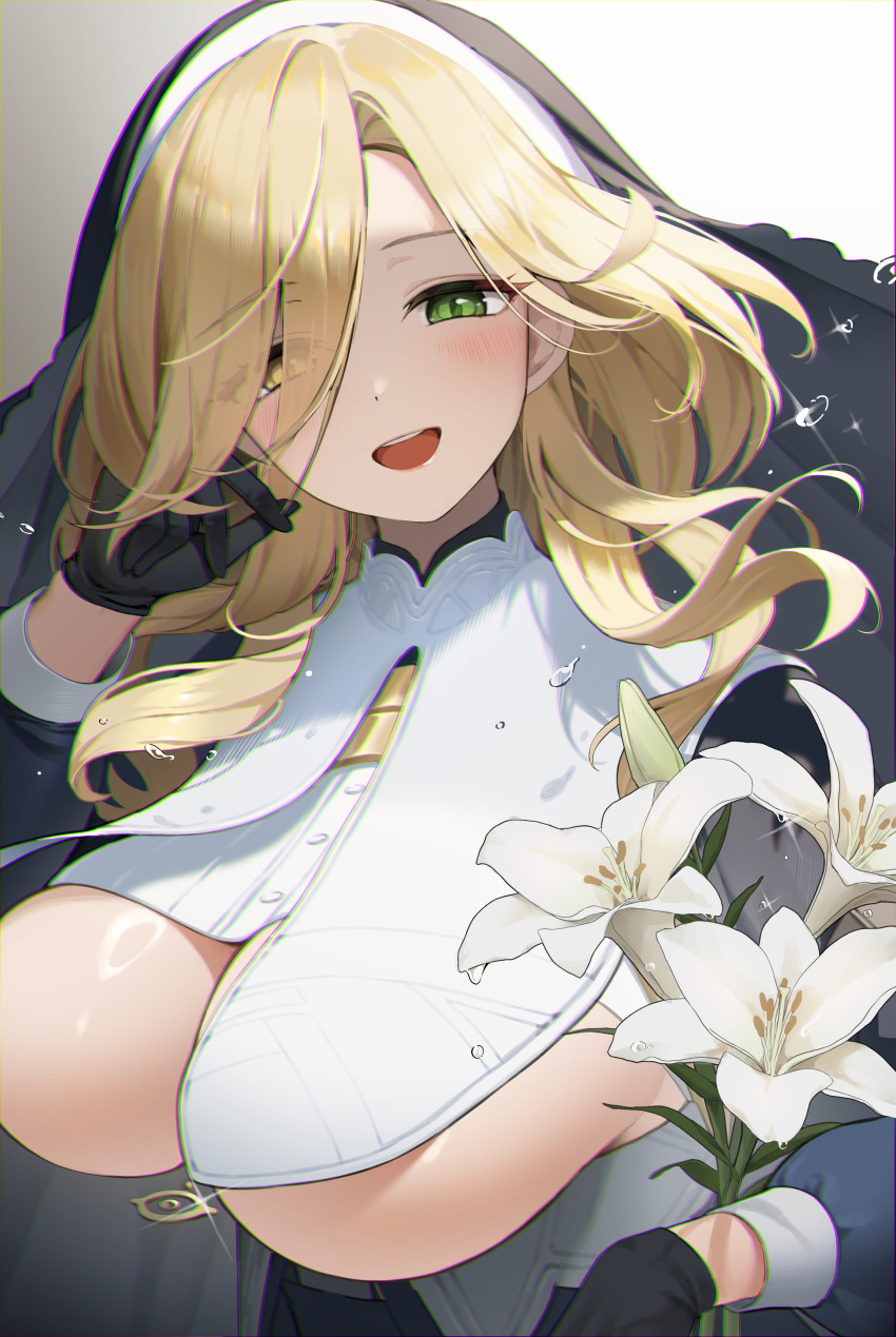 1girl absurdres agnes_(counter:side) black_gloves blonde_hair blush breast_curtains breasts counter:side flower glint gloves green_eyes habit hair_over_one_eye highres jeon-eo_konoshiro large_breasts lily_(flower) looking_at_viewer nun smile solo teeth underboob upper_body upper_teeth_only