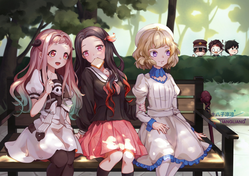 1girl 3boys 3girls alternate_costume bench black_hair black_shirt blonde_hair bread character_request closed_eyes closed_mouth copyright_request crossover dress food hair_ornament hair_ribbon hanako_(jibaku_shounen_hanako-kun) hat highres jibaku_shounen_hanako-kun kamado_nezuko kamado_tanjirou kimetsu_no_yaiba kitou_akari long_hair long_sleeves mouth_hold multicolored_hair multiple_boys multiple_girls neckerchief o_o open_mouth pantyhose pink_eyes pink_ribbon pink_skirt purple_eyes red_eyes ribbon school_uniform shibaziliangliang shirt skirt smile thighhighs voice_actor_connection white_dress yashiro_nene