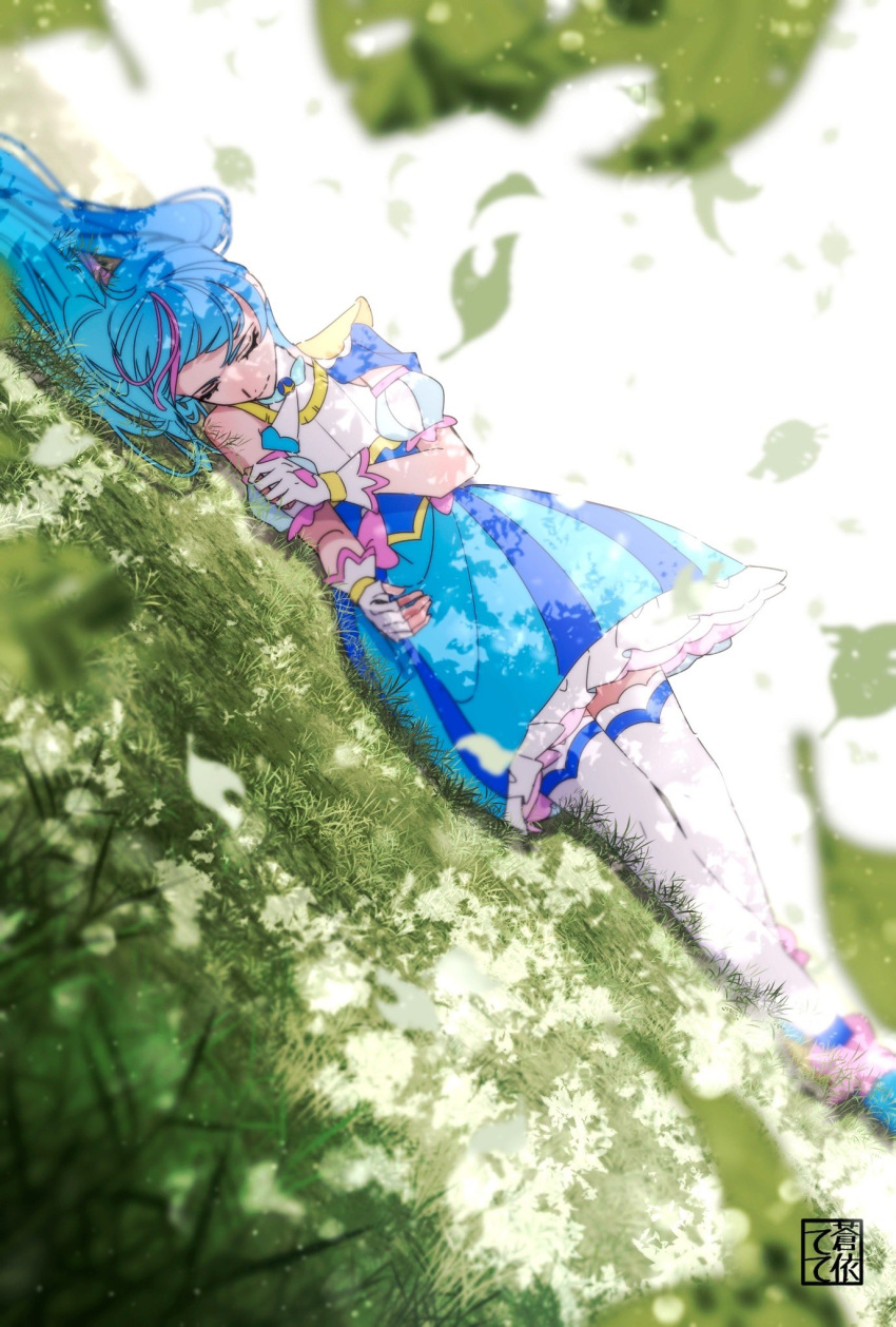 1girl ankle_boots aoi_tete artist_logo backlighting blue_dress blue_eyes blue_footwear blue_hair boots brooch closed_eyes commentary cure_sky dappled_sunlight day dress dutch_angle fingerless_gloves frilled_dress frills gloves highres hirogaru_sky!_precure jewelry leaf long_hair lying magical_girl multicolored_hair on_back on_ground outdoors pink_hair precure puffy_short_sleeves puffy_sleeves short_dress short_sleeves sleepwear sleeveless sleeveless_dress solo sora_harewataru streaked_hair sunlight thighhighs twintails two-tone_dress white_dress white_gloves white_thighhighs wind wing_brooch wing_hair_ornament