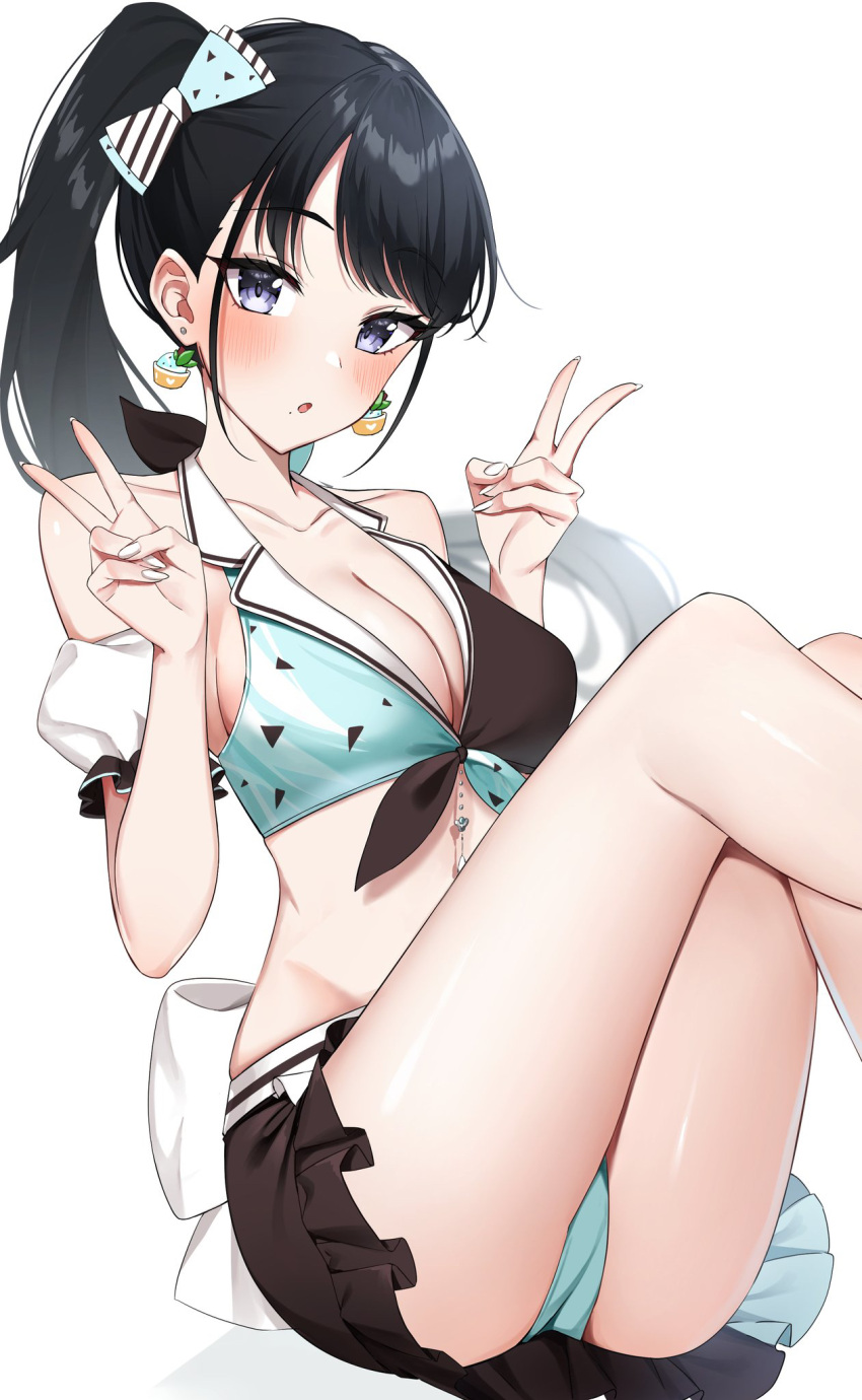 1girl :o aqua_panties arm_garter bare_legs bare_shoulders black_hair blush breasts cleavage collarbone cropped_shirt double_v earrings feet_out_of_frame food-themed_earrings gawawawa highres idolmaster idolmaster_shiny_colors jewelry kazano_hiori legs_up medium_breasts mint_chocolate panties shirt side_ponytail simple_background sleeveless sleeveless_shirt solo tied_shirt two-tone_shirt two-tone_skirt underwear v white_background