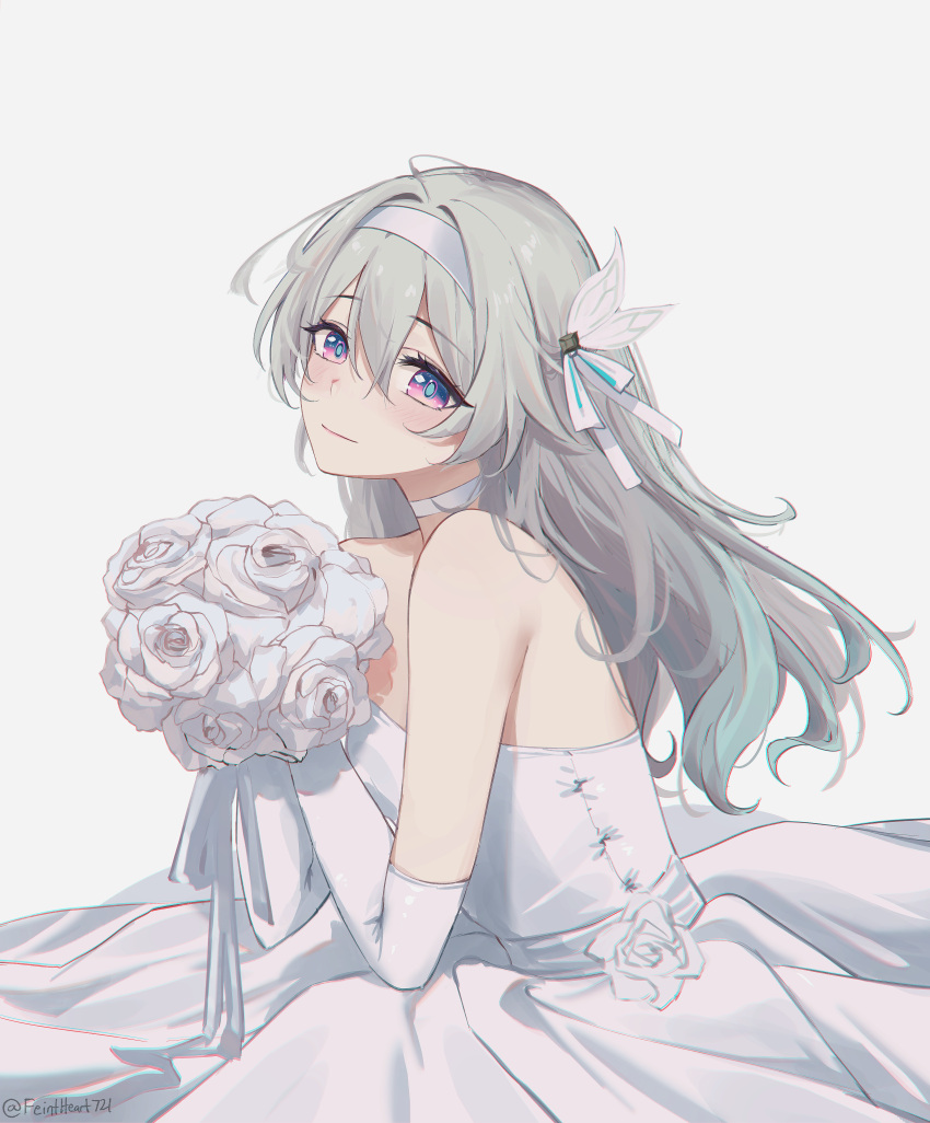 1girl absurdres bouquet butterfly_hair_ornament choker commentary dress dress_flower elbow_gloves feint721 firefly_(honkai:_star_rail) flower gloves grey_background grey_hair hair_between_eyes hair_ornament hair_ribbon hairband highres holding holding_bouquet honkai:_star_rail honkai_(series) long_hair looking_at_viewer purple_eyes ribbon rose signature solo strapless strapless_dress wedding_dress white_choker white_dress white_flower white_gloves white_hairband white_ribbon white_rose