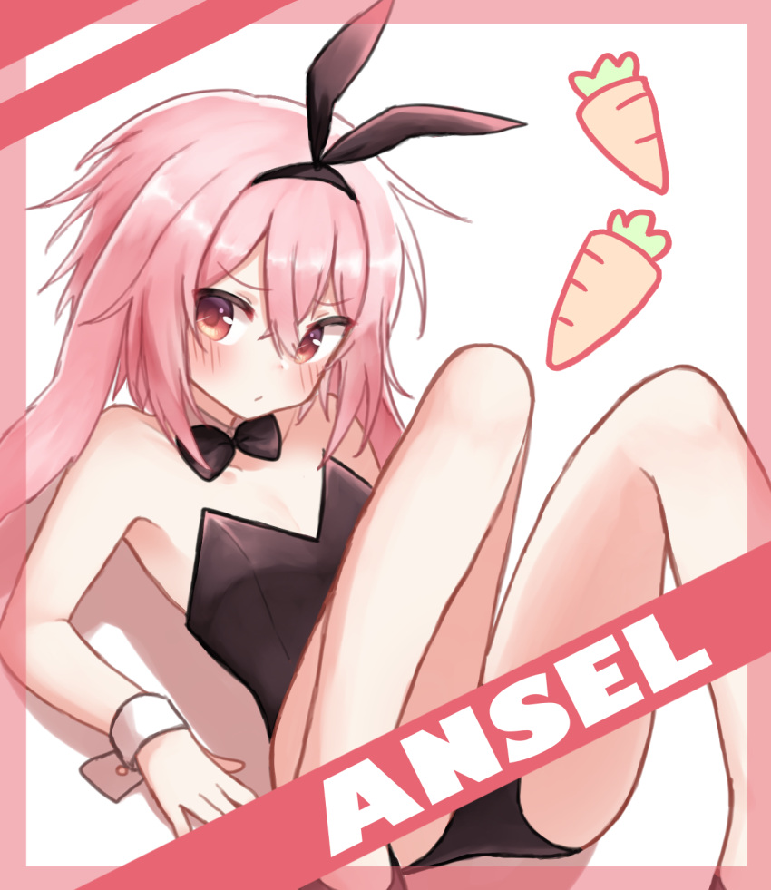 1boy animal_ears ansel_(arknights) arknights bare_shoulders blush hair_between_eyes highres looking_at_viewer male_focus otoko_no_ko pantyhose pink_hair playboy_bunny rabbit_boy rabbit_ears red_eyes rinzy short_hair solo