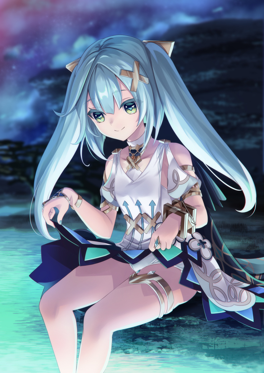 1girl aqua_hair bare_shoulders bracelet breasts clothing_cutout dress faruzan_(genshin_impact) genshin_impact green_eyes hair_ornament highres jewelry long_hair looking_at_viewer morokoshi_(tekku) neck_ring night night_sky panties shoulder_cutout sitting skirt_cutout sky small_breasts smile soaking_feet solo thighlet thighs triangle-shaped_pupils twintails underwear water white_dress white_panties x_hair_ornament