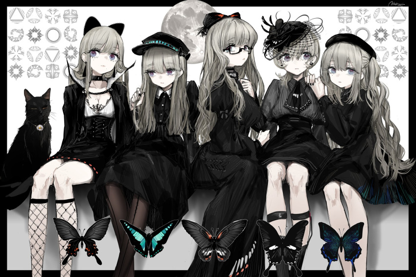 5girls ascot black_ascot black_border black_bow black_butterfly black_cat black_choker black_dress black_headwear black_nails blue_butterfly border bow breasts brown_legwear bug butterfly cat choker cleavage closed_mouth dress feet_out_of_frame fingernails fishnet_legwear fishnets flower flower_necklace full_moon funeral_dress glasses grey_hair grey_shirt hair_bow hair_twirling hat high-waist_skirt highres juliet_sleeves long_dress long_hair long_sleeves looking_at_viewer medium_breasts mole mole_on_breast mole_under_mouth moon multiple_girls nail_polish narue original pantyhose puffy_sleeves purple_eyes semi-rimless_eyewear shirt sitting skirt sock_garters twintails under-rim_eyewear very_long_hair