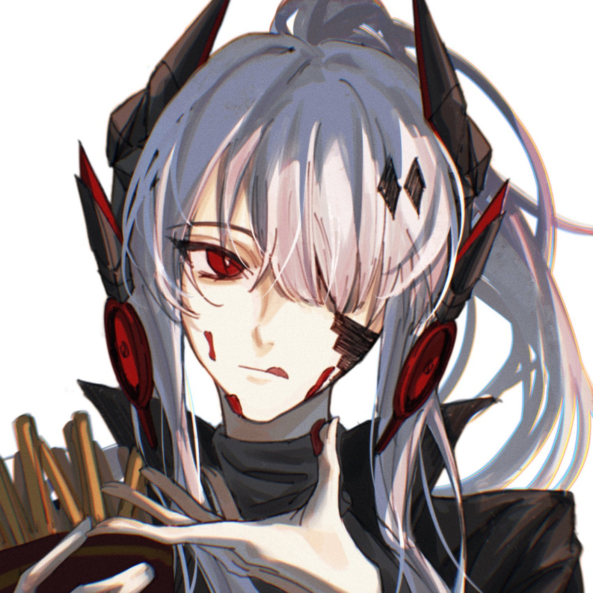 1girl alpha_(punishing:_gray_raven) alternate_hairstyle bandaid bandaid_on_cheek bandaid_on_face black_jacket food food_on_face food_on_hand french_fries grey_hair hair_over_one_eye headgear headphones highres holding holding_food jacket ketchup long_hair lucia:_crimson_abyss_(punishing:_gray_raven) ponytail punishing:_gray_raven red_eyes sidelocks solo violessastvira white_background