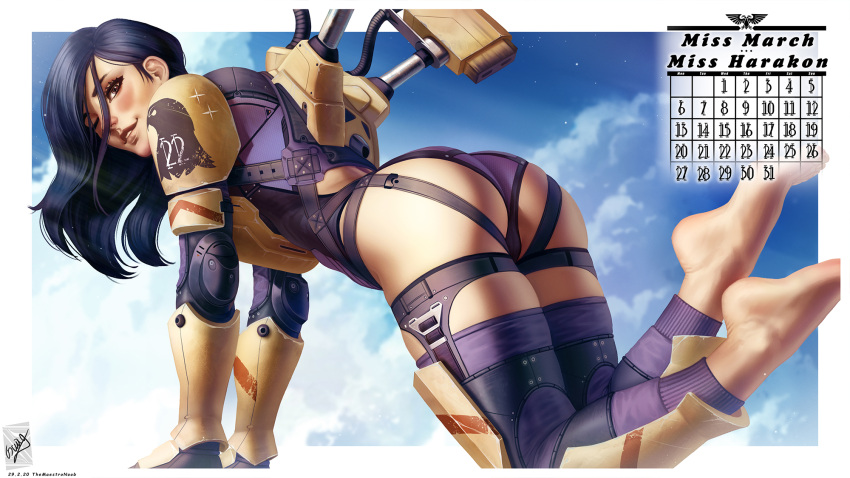 1girl armor artist_name ass barefoot black_hair calendar_(medium) dated day from_side highres leotard long_hair looking_at_viewer one_eye_closed original outdoors power_armor purple_leotard purple_thighhighs signature smile solo teeth themaestronoob thighhighs