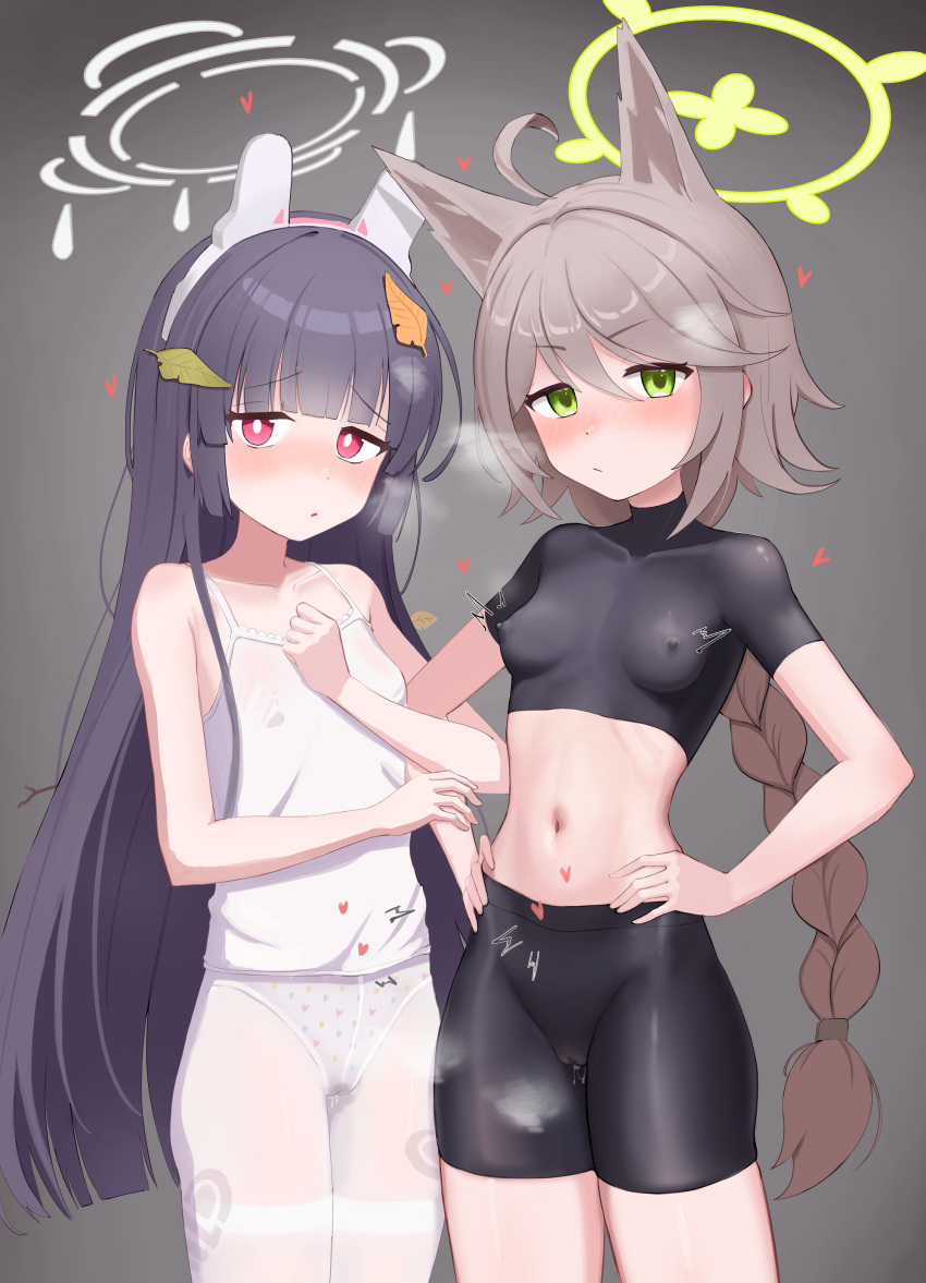 2girls absurdres animal_ears bike_shorts black_hair black_shirt black_shorts blue_archive blush bright_pupils camisole closed_mouth fake_animal_ears fox_ears green_eyes green_halo grey_background grey_halo halo heart highres leaf leaf_on_head light_brown_hair long_hair looking_at_viewer miyu_(blue_archive) multiple_girls navel otogi_(blue_archive) panties panties_under_pantyhose pantyhose parted_lips rabbit_ears red_eyes shirt shorts stomach undershirt underwear white_camisole white_panties white_pantyhose white_pupils whoning1