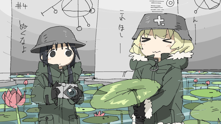 2girls black_eyes black_hair blonde_hair camera chito_(shoujo_shuumatsu_ryokou) episode_number flower helmet highres lotus military military_helmet military_uniform multiple_girls shoujo_shuumatsu_ryokou translation_request tsukumizu_yuu twintails uniform yuuri_(shoujo_shuumatsu_ryokou)