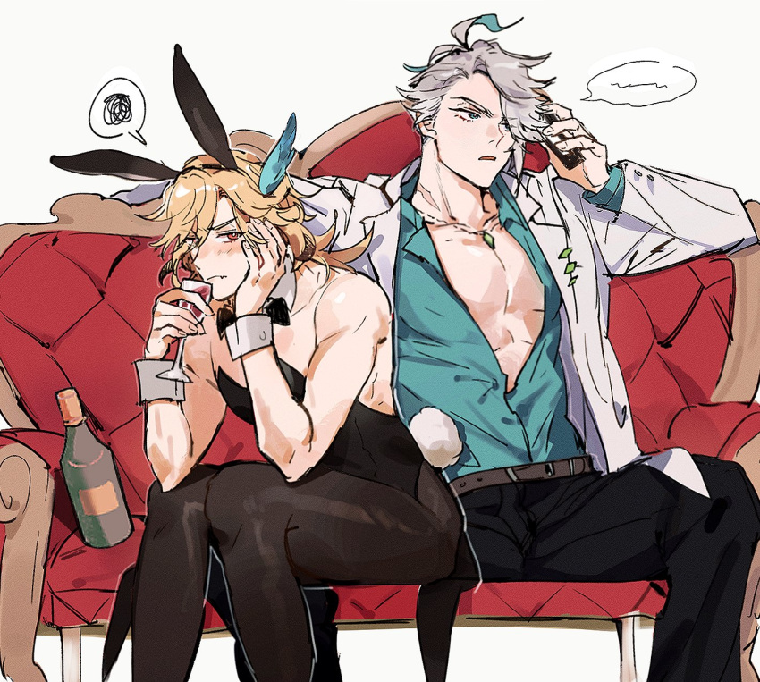 2boys ahoge alcohol alhaitham_(genshin_impact) animal_ears bare_shoulders belt black_bow black_bowtie black_hairband black_leotard black_pants black_pantyhose blonde_hair blush bottle bow bowtie brown_belt cellphone chest_jewel closed_mouth collarbone commentary couch cup detached_collar drinking_glass english_commentary fake_animal_ears feather_hair_ornament feathers frown gem genshin_impact green_eyes green_gemstone green_hair green_shirt grey_hair hair_between_eyes hair_ornament hairband hand_up hands_up head_rest highres holding holding_cup holding_phone jacket kaveh_(genshin_impact) lapels leotard long_hair long_sleeves looking_at_viewer male_focus male_playboy_bunny mmme0709 multicolored_hair multiple_boys on_couch open_clothes open_jacket open_mouth open_shirt pants pantyhose parted_bangs pectoral_cleavage pectorals phone rabbit_ears red_eyes scar scar_on_neck shirt short_hair sidelocks simple_background sitting smartphone speech_bubble spoken_squiggle squiggle strapless strapless_leotard swept_bangs talking_on_phone v-shaped_eyebrows white_background white_jacket wine wine_bottle wine_glass wing_collar wrist_cuffs
