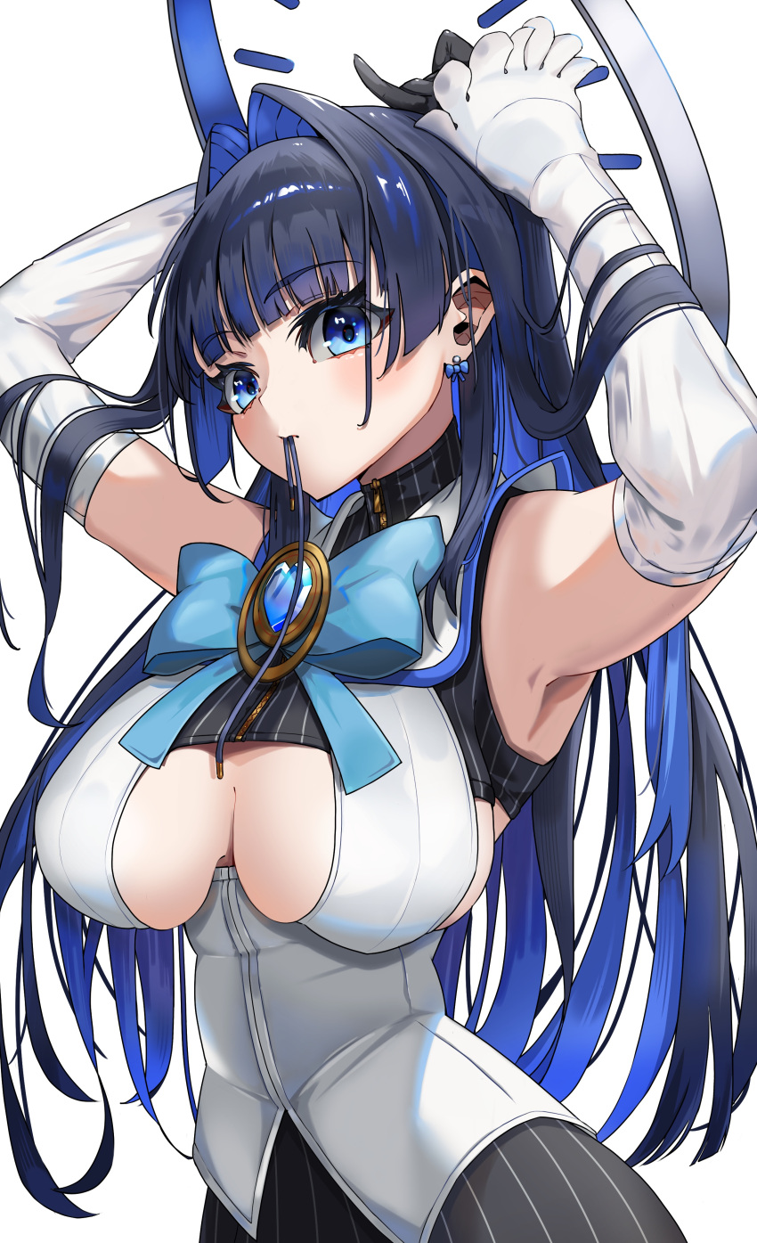 1girl absurdres alternate_hairstyle blue_eyes blue_hair bow bow_earrings breasts chain chain_headband clothing_cutout earrings gloves h4kuuua_0 hair_intakes hair_ribbon halo heart-shaped_gem highres hololive hololive_english jewelry large_breasts looking_at_viewer mouth_hold official_alternate_hairstyle ouro_kronii ouro_kronii_(1st_costume) ouro_kronii_(casual) ribbon ribbon_earrings ribbon_in_mouth short_hair smile solo thighhighs underboob underboob_cutout undressing virtual_youtuber white_background white_gloves