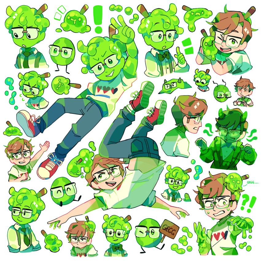 !? 1boy brown_hair closed_mouth colored_skin commentary english_commentary glasses green_eyes green_hair green_skin highres horns looking_at_viewer male_focus monster_boy multiple_views necktie one_eye_closed open_mouth pants quackity_smp red_footwear shirt shoes short_hair short_sleeves sign simple_background sleepy_cheeky slime_(substance) slime_boy slimecicle smile sneakers white_background white_shirt