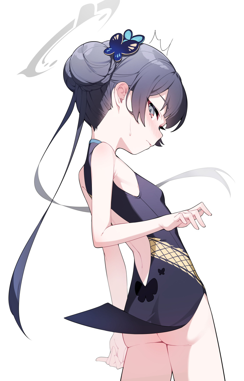 1girl absurdres ass black_dress black_hair blue_archive blush breasts butterfly_hair_ornament china_dress chinese_clothes closed_mouth cowboy_shot double_bun dress grey_eyes grey_halo hair_bun hair_ornament halo highres honi_(honi1010) kisaki_(blue_archive) long_hair looking_at_viewer simple_background sleeveless sleeveless_dress small_breasts solo white_background