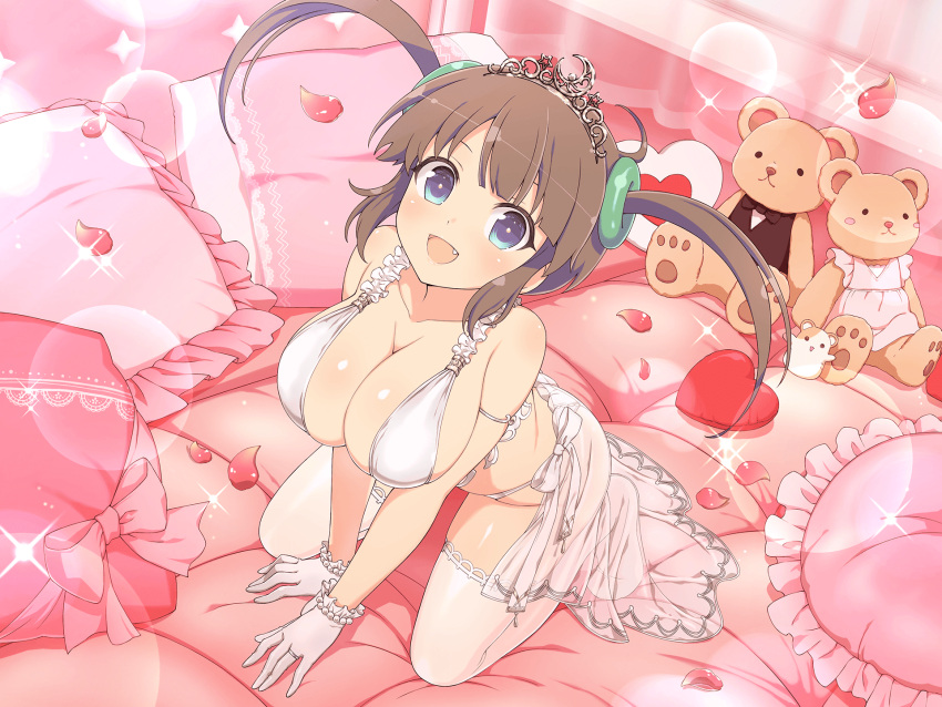 1girl all_fours bare_shoulders bed_sheet bedroom black_bow black_bowtie blue_eyes blunt_bangs blush body_blush bow bowtie bracelet breasts bridal_legwear bridal_lingerie brown_hair cleavage crescent crescent_hair_ornament dress falling_petals fang frilled_gloves frilled_pillow frills gem gloves groin hair_ornament heart heart-shaped_pillow highres jewelry lace-trimmed_legwear lace-trimmed_thighhighs lace_trim large_breasts lens_flare lingerie looking_at_viewer minori_(senran_kagura) official_alternate_costume official_art on_bed open_mouth panties pearl_(gemstone) pearl_bracelet petals pillow pink_bow pink_pillow revealing_clothes ring_hair_ornament senran_kagura senran_kagura_new_link senran_kagura_shinovi_versus shiny_skin shuriken sidelocks smile solo sparkle stuffed_animal stuffed_toy teddy_bear thighhighs tiara twintails underwear waist_bow weapon white_bow white_gloves white_panties white_thighhighs yaegashi_nan