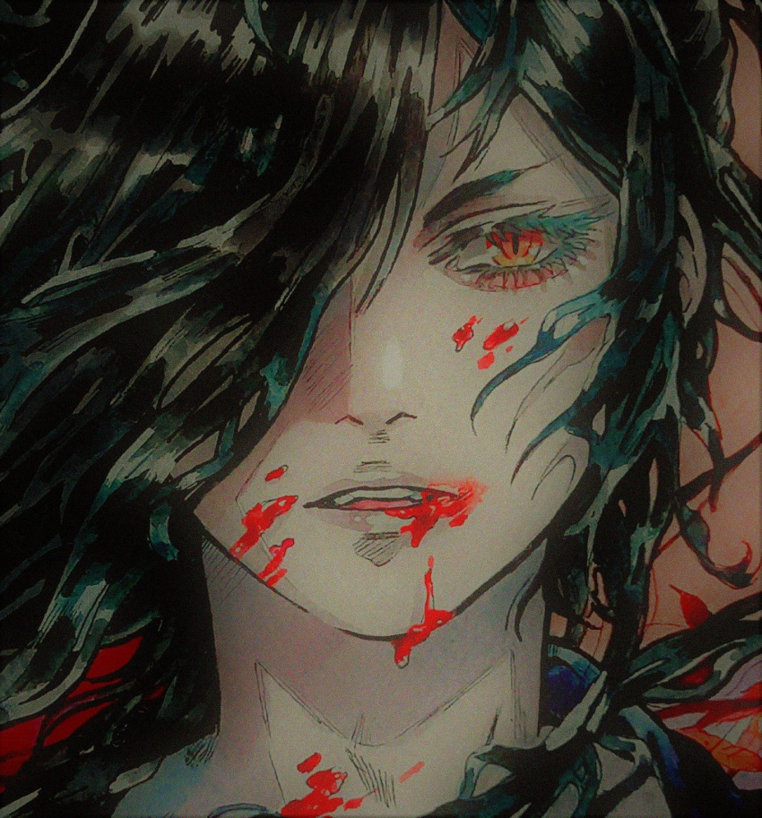 1boy black_hair blood blood_on_face blood_on_mouth close-up commentary dororo_(tezuka) english_commentary etherbeam eyelashes hair_over_one_eye highres hyakkimaru_(dororo) long_hair looking_at_viewer male_focus orange_eyes painting_(medium) parted_lips portrait solo traditional_media watercolor_(medium)