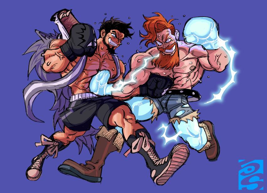 2boys absurdres bara battle beard black_hair blank_eyes boots boxing boxing_gloves character_request commission danny_(felixnosi) dislyte electricity electrokinesis facial_hair from_side full_beard full_body grin highres large_pectorals male_focus mature_male multiple_boys muscular muscular_male original pants pectorals punching short_hair smile ssssquash stomach_punch sweat thick_eyebrows torn_clothes torn_pants very_sweaty wolf_hood wrestler