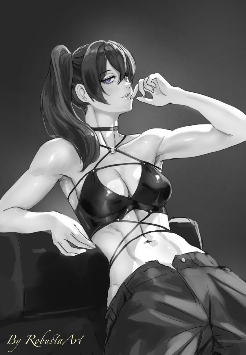 1girl abs artist_name bare_arms bare_shoulders breasts choker cleavage crop_top greyscale hair_between_eyes hair_over_shoulder hand_up highres leaning_back long_hair looking_at_viewer medium_breasts monochrome navel o-ring open_fly pants parted_lips purple_eyes robusta_mania side_ponytail simple_background sitting solo sousou_no_frieren spot_color teeth toned ubel_(sousou_no_frieren)