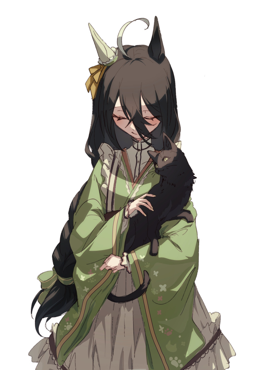 1girl absurdres ahoge animal animal_ears apron black_cat black_hair braid braided_ponytail cat closed_mouth green_kimono hair_between_eyes head_down highres holding holding_animal holding_cat horse_ears japanese_clothes kimono long_hair long_sleeves manhattan_cafe_(umamusume) manhattan_cafe_(verdant_night)_(umamusume) multicolored_hair shirt simple_background smile solo standing streaked_hair umamusume upper_body waist_apron watou white_background white_shirt wide_sleeves