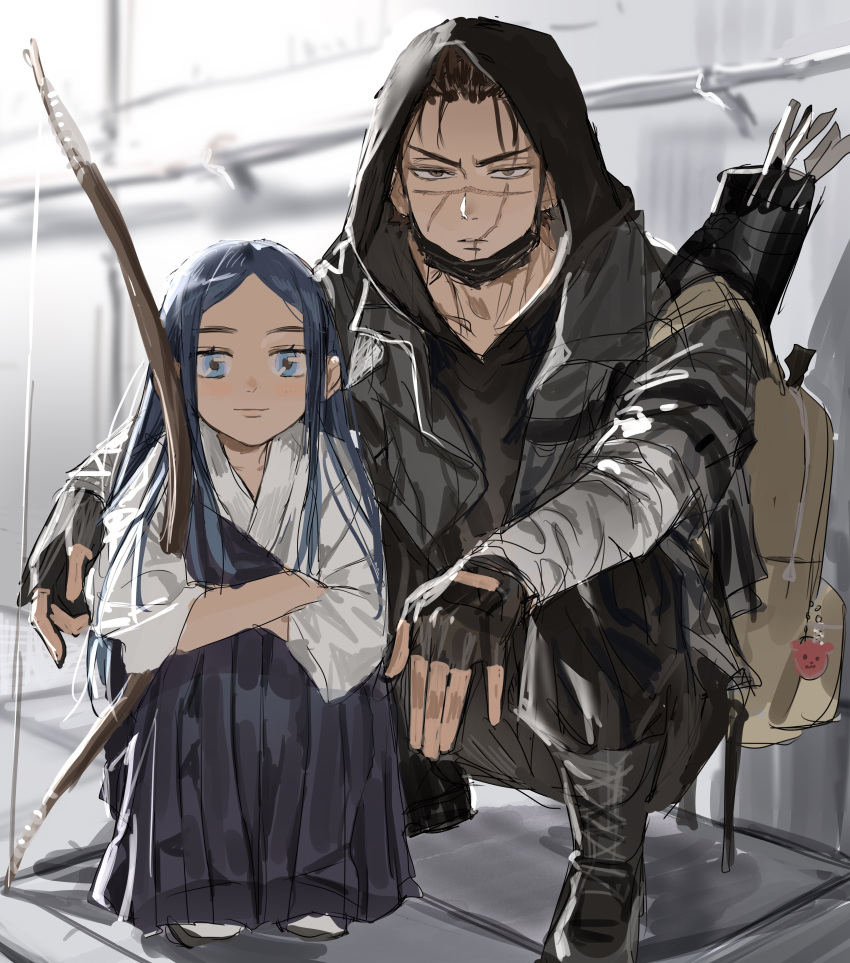 1boy 1girl absurdres asirpa bag blue_eyes blue_hair boots bow_(weapon) chamuring fingerless_gloves gloves golden_kamuy highres hood hoodie long_hair looking_at_viewer mask mouth_mask pants scar scar_on_face shoulder_bag squatting sugimoto_saichi weapon