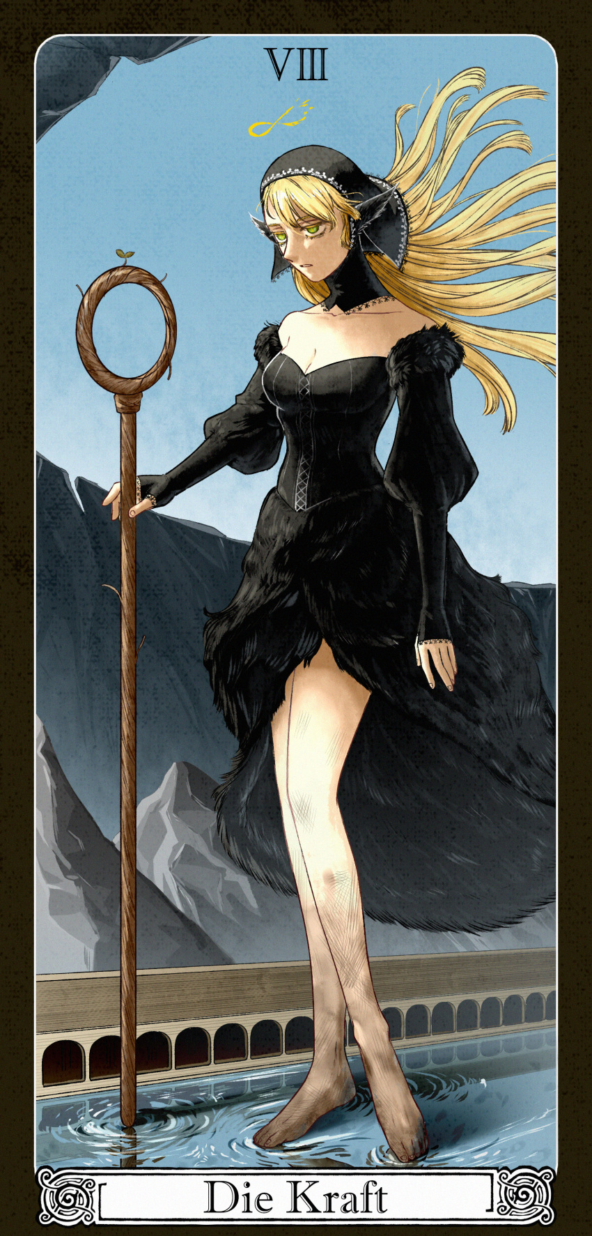 1girl absurdres bare_shoulders barefoot black_dress black_hood blonde_hair border building card_(medium) closed_mouth detached_hood detached_sleeves dirty dirty_feet dress dungeon_meshi ear_covers elf floating_hair full_body german_text giant giantess green_eyes hallway halo highres holding holding_staff hood hood_up infinity_symbol jojoming529 long_hair looking_ahead marcille_donato mountainous_horizon official_alternate_costume parted_lips pointy_ears roman_numeral sky solo spoilers sprout staff standing standing_on_liquid strength_(tarot) tarot tarot_(medium) water