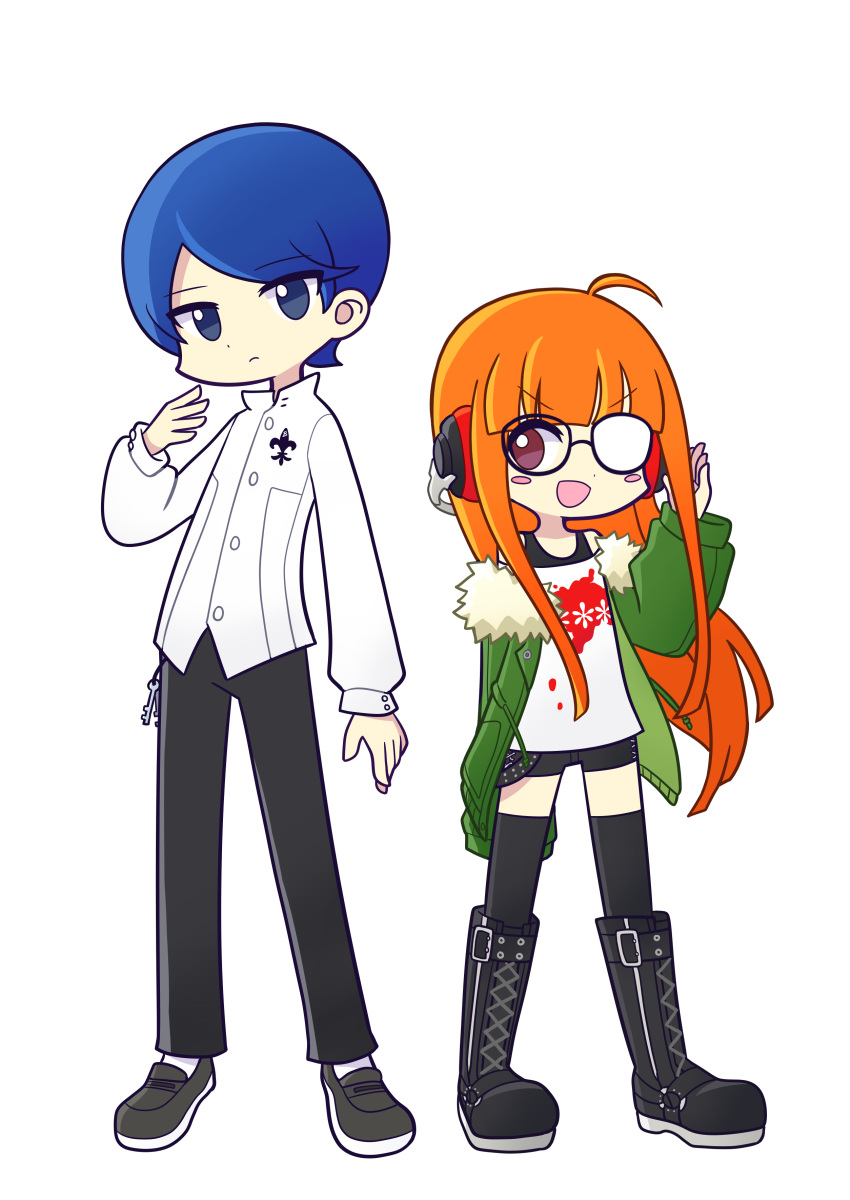 1boy 1girl :d absurdres ahoge behind-the-head_headphones black_footwear black_pants black_shorts blue_eyes blue_hair blunt_bangs blush_stickers boots brown_eyes expressionless full_body fur-trimmed_jacket fur_trim glasses green_jacket headphones highres jacket keyring kitagawa_yuusuke kosei_high_school_uniform long_hair long_sleeves looking_at_another looking_at_viewer offbeat opaque_glasses orange_hair pants parody partially_opaque_glasses persona persona_5 puyopuyo sakura_futaba school_uniform shirt short_hair shorts sidelocks simple_background smile style_parody white_background white_shirt