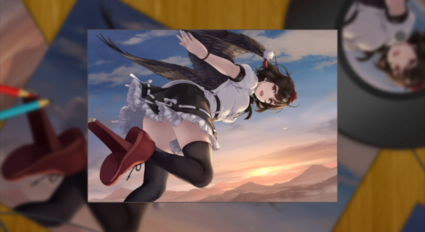 1girl belt bird_wings black_belt black_hair black_skirt black_thighhighs black_wings collared_shirt feathered_wings foot_out_of_frame frilled_skirt frills geta hat highres mountainous_horizon open_mouth outdoors pencil photo_(object) puffy_short_sleeves puffy_sleeves record red_eyes red_footwear ribbon-trimmed_skirt ribbon_trim rokuwata_tomoe shameimaru_aya shirt short_sleeves skirt solo tengu-geta thighhighs tokin_hat touhou white_shirt wings