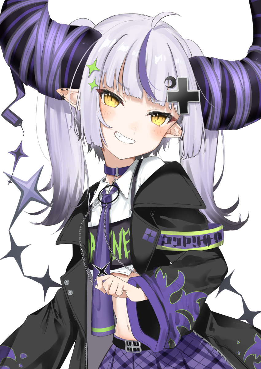 1girl absurdres black_horns blush braid braided_bangs choker collar cropped_shirt demon_girl demon_horns hair_ornament hairclip highres hololive horns jacket la+_darknesss la+_darknesss_(3rd_costume) looking_at_viewer metal_collar multicolored_hair navel open_clothes open_jacket petaru plaid plaid_skirt pleated_skirt pointy_ears purple_choker purple_hair purple_horns simple_background skirt smile solo streaked_hair striped_horns tail virtual_youtuber white_background yellow_eyes
