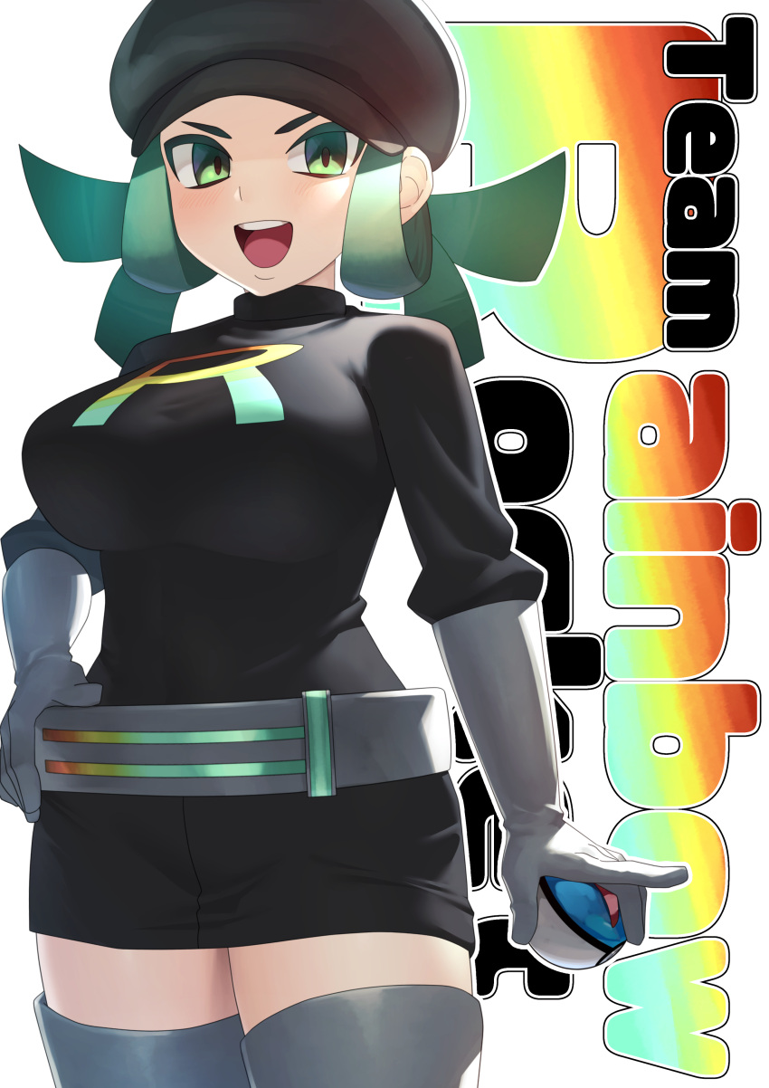 1girl :d absurdres alternate_breast_size belt black_dress black_headwear boots breasts character_name commentary_request cowboy_shot dress gloves great_ball green_eyes green_hair grey_belt grey_footwear grey_gloves hand_on_own_hip hat highres holding holding_poke_ball large_breasts logo long_hair looking_at_viewer open_mouth poke_ball pokemon pokemon_usum smile solo team_rainbow_rocket team_rainbow_rocket_grunt teeth thigh_boots tongue upper_teeth_only white_background xin_lan_deng