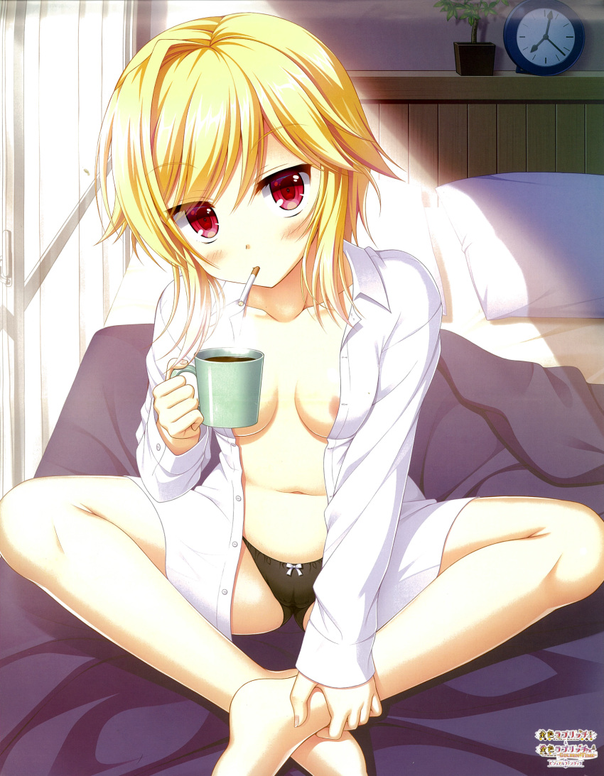 1girl areola_slip barefoot black_panties blonde_hair blush borrowed_character breasts breasts_apart cameltoe cigarette coffee coffee_mug collarbone collared_shirt copyright_name cup dress_shirt eyelashes eyes_visible_through_hair feet_out_of_frame fingernails hair_down hand_on_own_leg hand_up highres holding holding_cup indian_style indoors kin-iro_loveriche knees_apart_feet_together looking_at_viewer medium_breasts medium_hair moribe_(rabumanyo) mug navel no_bra official_art on_bed open_clothes open_shirt oversized_clothes panties red_eyes scan shirt sidelighting single_hair_intake sitting sleeves_past_wrists smoking solo souma_ria steam swept_bangs underwear white_shirt