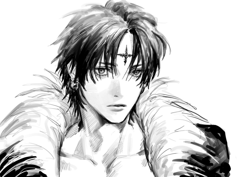 1boy closed_mouth collarbone earrings facial_mark forehead_mark fur-trimmed_hood fur_trim greyscale hair_over_eyes highres hood jewelry looking_at_viewer male_focus massara monochrome original parted_bangs short_hair simple_background sketch solo upper_body white_background