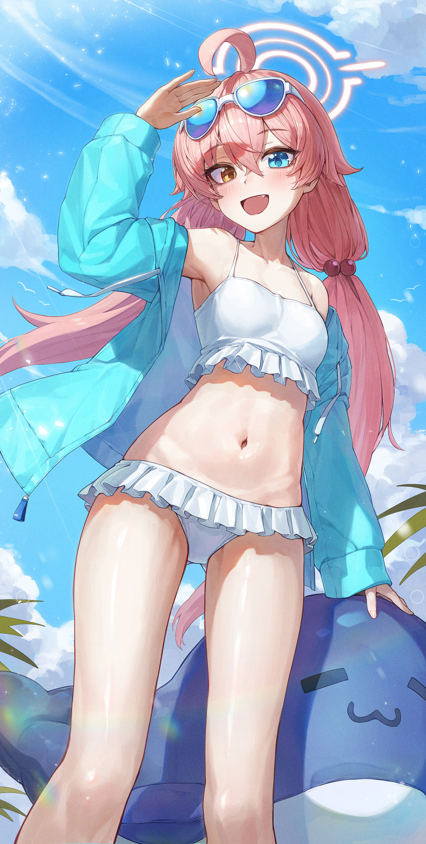 1girl absurdres ahoge bikini blue_archive blue_sky blush eyewear_on_head fang feet_out_of_frame frilled_bikini frills halo highres hoshino_(blue_archive) hoshino_(swimsuit)_(blue_archive) kokukyukeo navel official_alternate_costume open_mouth outdoors pink_hair pink_halo sky smile solo sunglasses swimsuit two-tone_eyes white_bikini