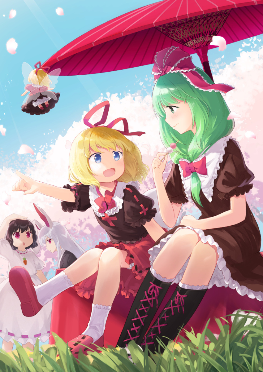 5girls black_footwear black_hair blonde_hair blue_eyes blue_sky boots bow cherry_blossoms cross-laced_footwear dango dress food frilled_dress frilled_ribbon frills front_ponytail green_eyes green_hair hair_ribbon highres holding holding_food inaba_tewi kagiyama_hina medicine_melancholy mito_tsubaki multiple_girls outdoors puffy_short_sleeves puffy_sleeves purple_hair rabbit_girl red_bow red_eyes red_footwear red_ribbon reisen_udongein_inaba ribbon short_sleeves sitting sky smile touhou wagashi