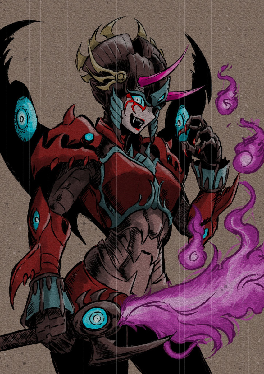 1girl blue_eyes breasts energy_sword fangs helmet highres holding holding_sword holding_weapon horns humanoid_robot looking_at_viewer makeup medium_breasts oohara_tetsuya red_lips red_nails robot robot_girl sharp_teeth solo sword teeth transformers weapon windblade wings