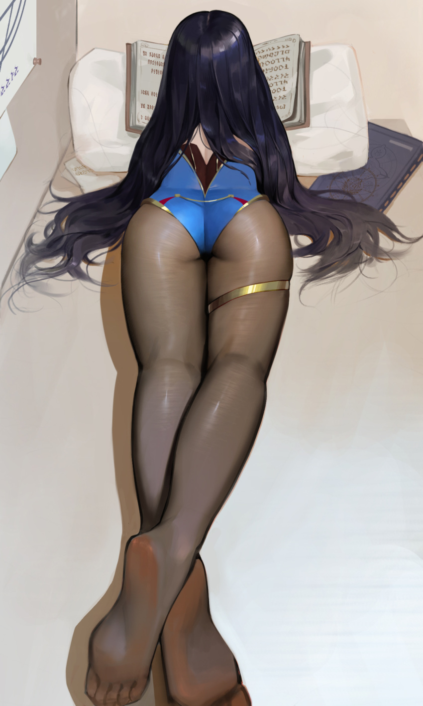 1girl alternate_hairstyle arched_back ass black_hair blue_leotard book commentary feet fine_fabric_emphasis from_behind genshin_impact hair_spread_out highleg highleg_leotard highres indoors leotard long_hair lying midfinger mona_(genshin_impact) on_stomach open_book pantyhose pillow poster_(object) soles solo thighlet toes very_long_hair