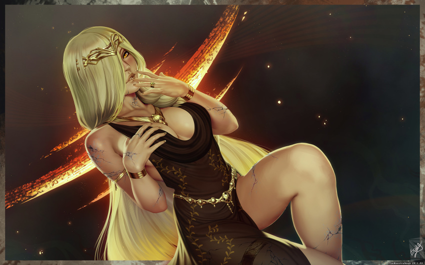1girl artist_name blonde_hair bracelet breasts broken_skin brown_dress cleavage collarbone dated dress elden_ring embers grabbing_own_breast hair_over_one_eye hand_up hands_up highres jewelry large_breasts long_hair looking_at_viewer one_eye_covered outside_border queen_marika_the_eternal ring signature solo themaestronoob thighhighs