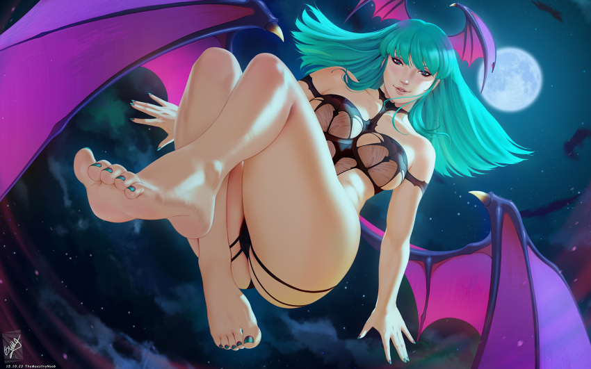 1girl alternate_costume artist_name ass bare_shoulders barefoot bat_wings black_leotard breasts dated demon_girl green_eyes green_hair green_nails green_sky head_wings highres large_breasts leotard long_hair looking_at_viewer moon morrigan_aensland nail_polish night outdoors parted_lips signature sky smile solo star_(sky) starry_sky teeth themaestronoob toenail_polish toenails vampire_(game) wings