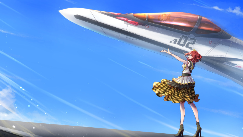 1girl aircraft airplane anzo_(anzu_elichi0928) black_footwear black_skirt blue_eyes bracelet canopy_(aircraft) cloud fighter_jet helmet high_heels highres jet jewelry kaname_buccaneer macross macross_delta messer_ihlefeld military_vehicle open_hand open_mouth pilot_suit plaid plaid_skirt red_hair shirt skirt sky smile solo_focus vf-31 white_shirt white_skirt yellow_skirt