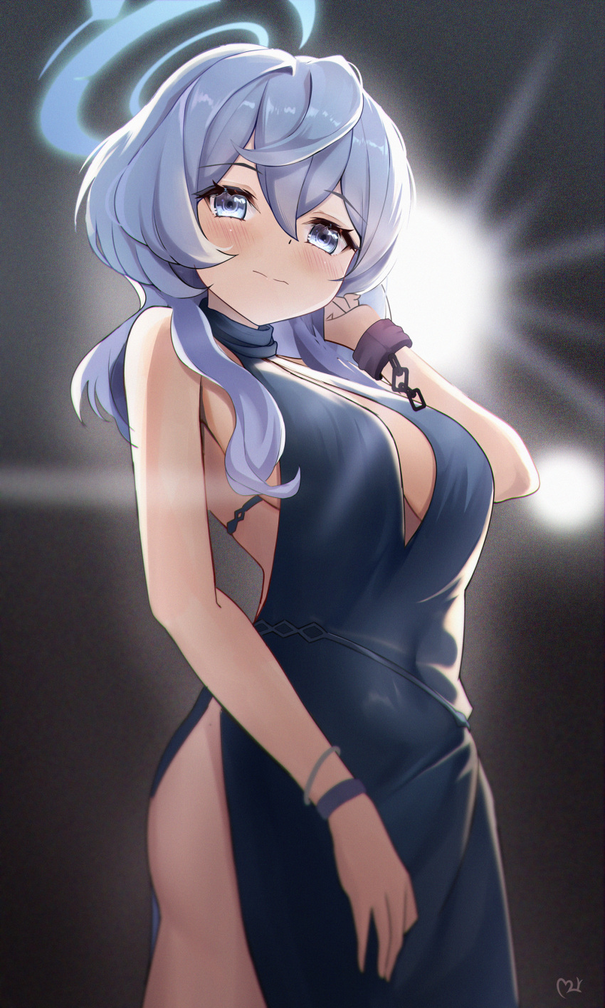 1girl absurdres ako_(blue_archive) ako_(dress)_(blue_archive) blue_archive blue_dress blue_eyes blue_hair blue_halo blush breasts closed_mouth cowboy_shot cuffs dress hair_between_eyes halo handcuffs highres large_breasts long_hair looking_at_viewer official_alternate_costume sideboob sleeveless sleeveless_dress solo teeth_bro