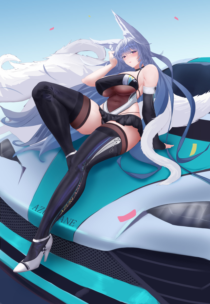 1girl absurdres animal_ears azur_lane blue_sky boots breasts car covered_navel fox_ears fox_girl fox_tail full_body heart heart-shaped_pupils highres kitsune kyuubi large_breasts large_tail mercedes-amg_one mercedes-benz microskirt motor_vehicle mu_zhifeng multiple_tails official_alternate_costume panty_straps race_queen see-through shinano_(azur_lane) shinano_(moonlit_chrome)_(azur_lane) sitting_on_car skirt sky solo sports_car symbol-shaped_pupils tail thighhighs thighhighs_under_boots white_footwear white_tail