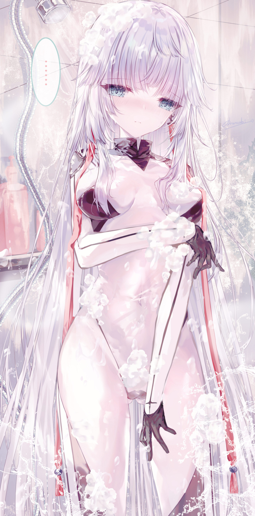 ... 1girl absurdres bath bathroom black_bodysuit bodysuit braided_hair_rings breasts fate/grand_order fate/samurai_remnant fate_(series) green_eyes highres katana kishimen_hair long_hair looking_at_viewer medium_breasts purionpurion ribbon shower_(place) shower_head showering sidelocks skin_tight soap_bubbles solo speech_bubble spoken_ellipsis sword two-tone_bodysuit weapon wet wet_clothes white_bodysuit white_hair yui_shousetsu_(fate) yui_shousetsu_(first_ascension)_(fate)