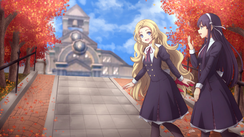 2024 2girls alfin_reise_arnor autumn_leaves black_dress black_hair blonde_hair blue_eyes blue_sky blurry blurry_background buttons cloud commentary_request dress eiyuu_densetsu elise_schwarzer eyelashes fence hairband highres long_hair multiple_girls open_mouth outdoors school sen_no_kiseki sky smile teeth tree upper_teeth_only verrell white_hairband