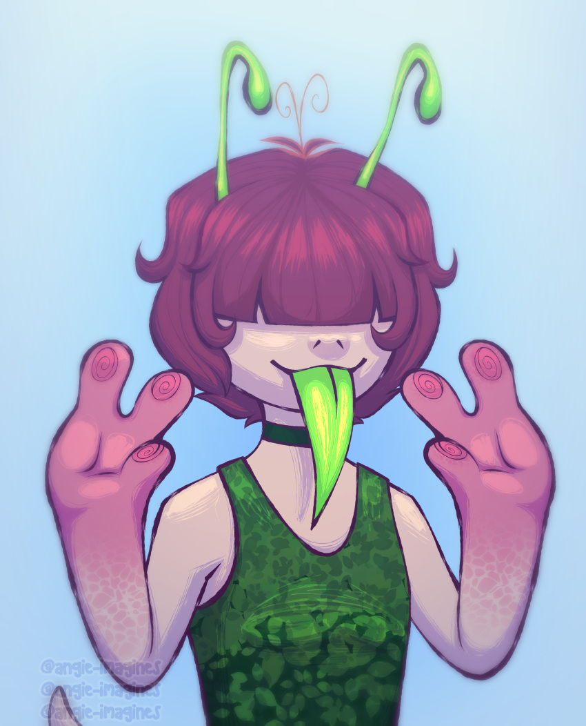 absurd_res alien alien_humanoid ambiguous_gender angie_imagines antennae_(anatomy) big_hands blue_background clothing fan_character female green_antennae green_clothing green_tongue hair hair_over_eyes hi_res humanoid long_tongue null pink_body pink_hair short_hair simple_background slim solo tongue